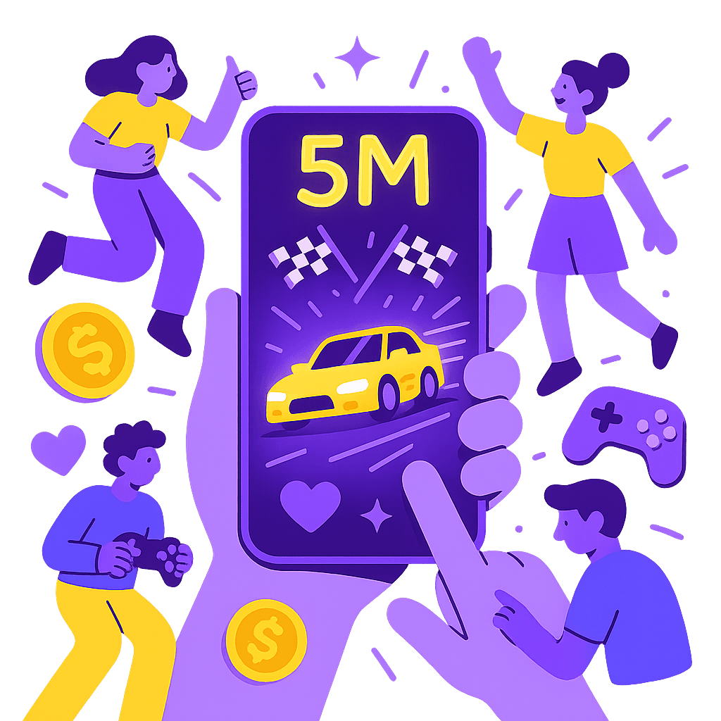 An illustration of players celebrating around a phone showing five million.