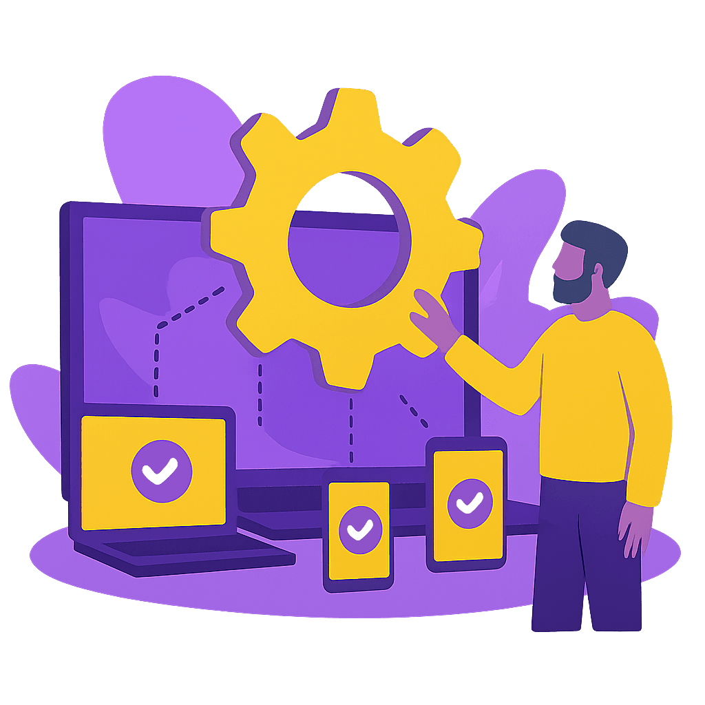 An illustration of one checkout flow working across laptop, tablet and phone.