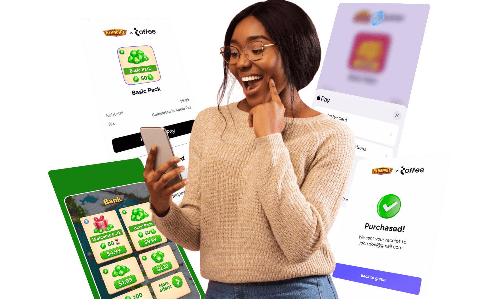 A player buying an in-game pack through the Toffee Pay checkout, with an Apple Pay sheet and a purchase confirmation.